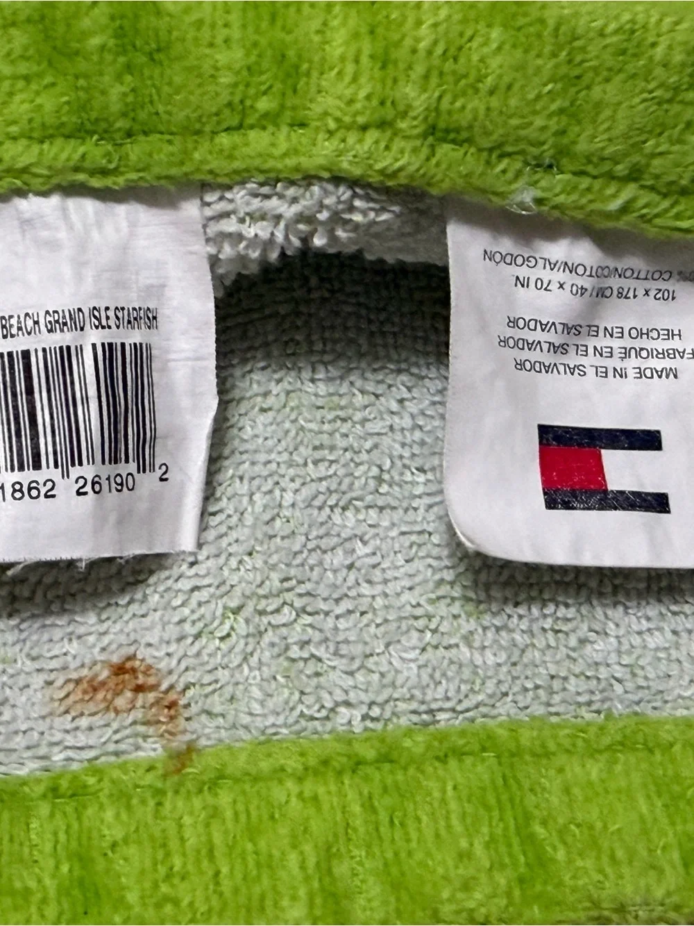 Tommy Hilfiger Lime Green Starfish Beach Towel 40 X 70 Cotton 100% Vacation